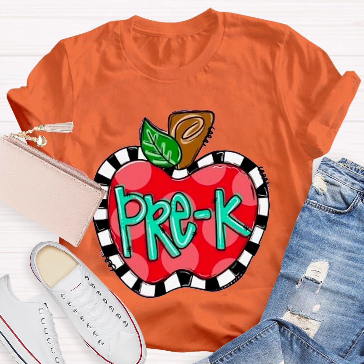 Personalized Grade Teacher Color Block  Apple Printed T-Shirt