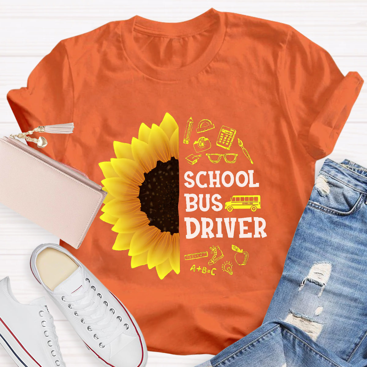 School Bus Driver Sunflower Teacher T-Shirt