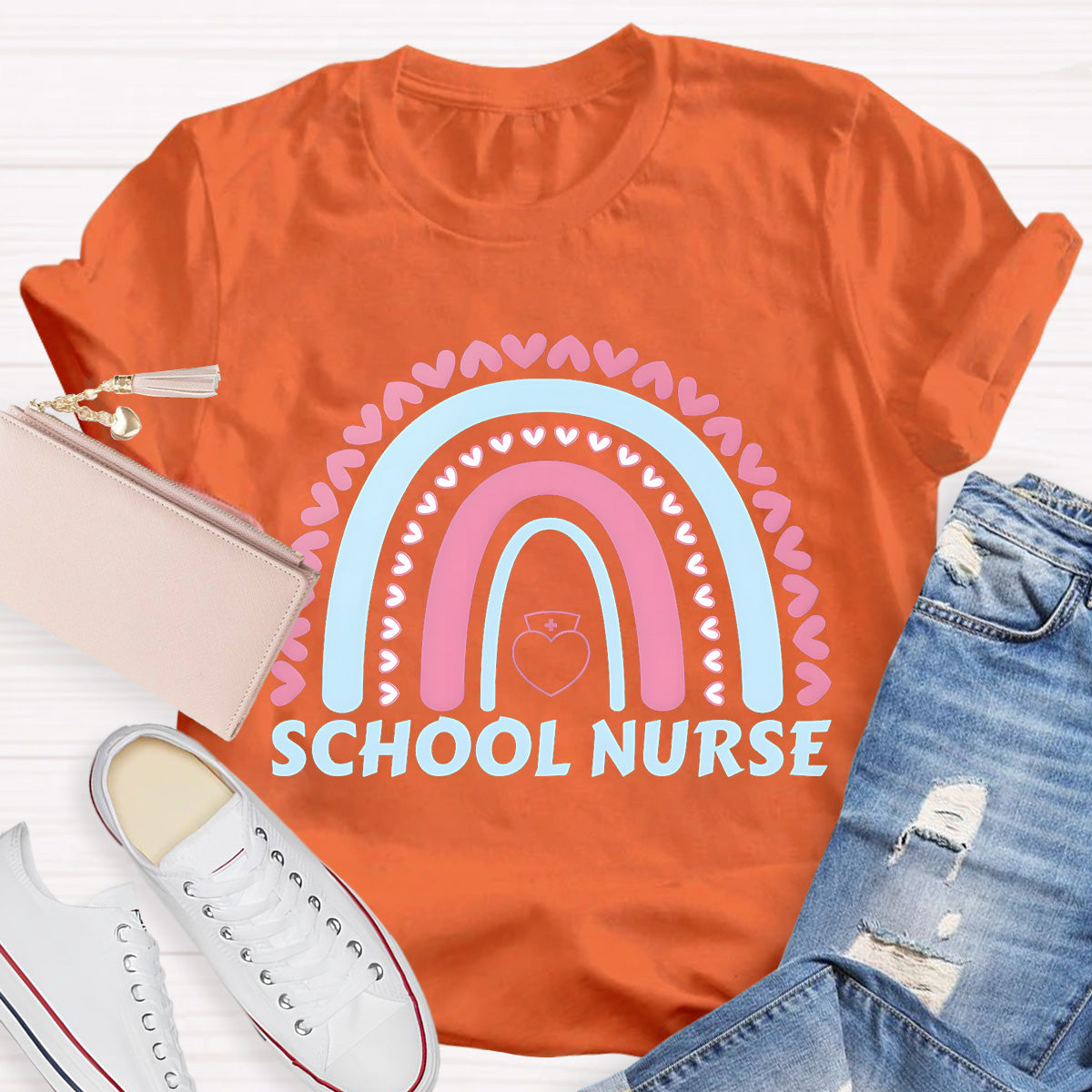 School Nurse Rainbow Pink Heart T-Shirt