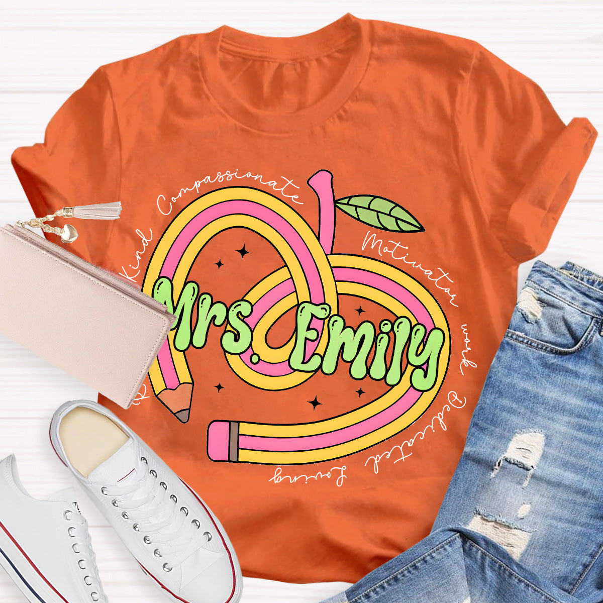 Personalize Name Reliable Kind Compassionate Pink Apple Teacher T-Shirt