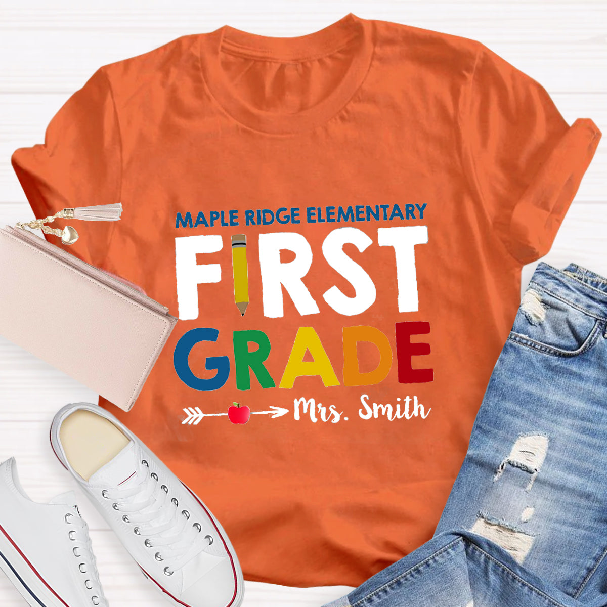Personalized School Name Grade And Teacher Name Pencil Apple Heart T-Shirt
