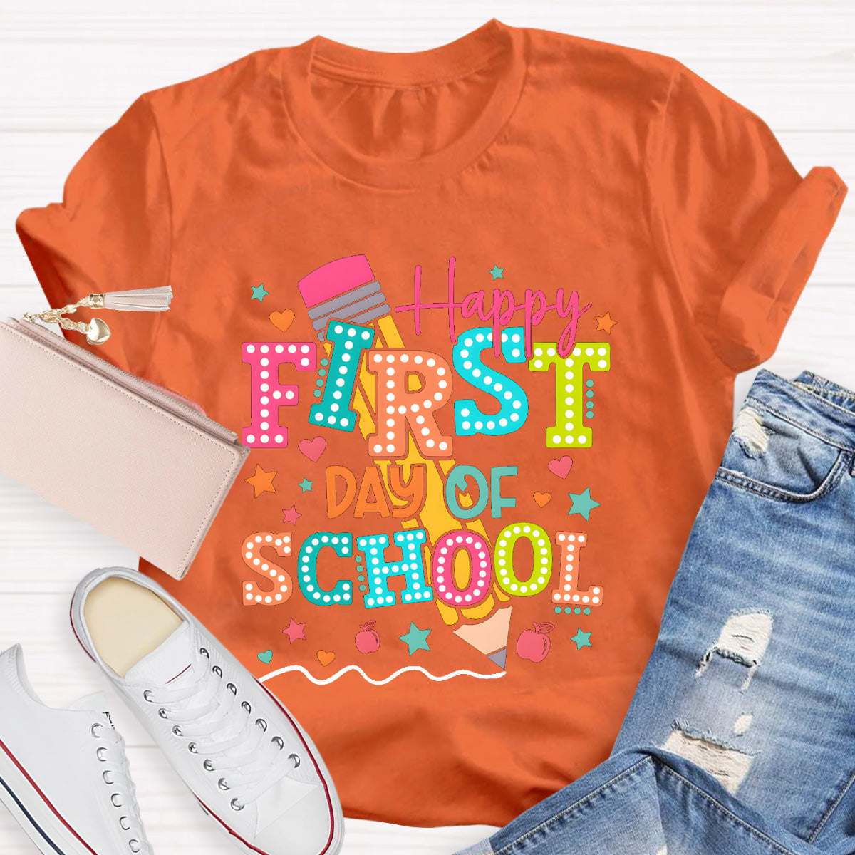 Pencil Dot Happy First Day Of School Teacher T-Shirt