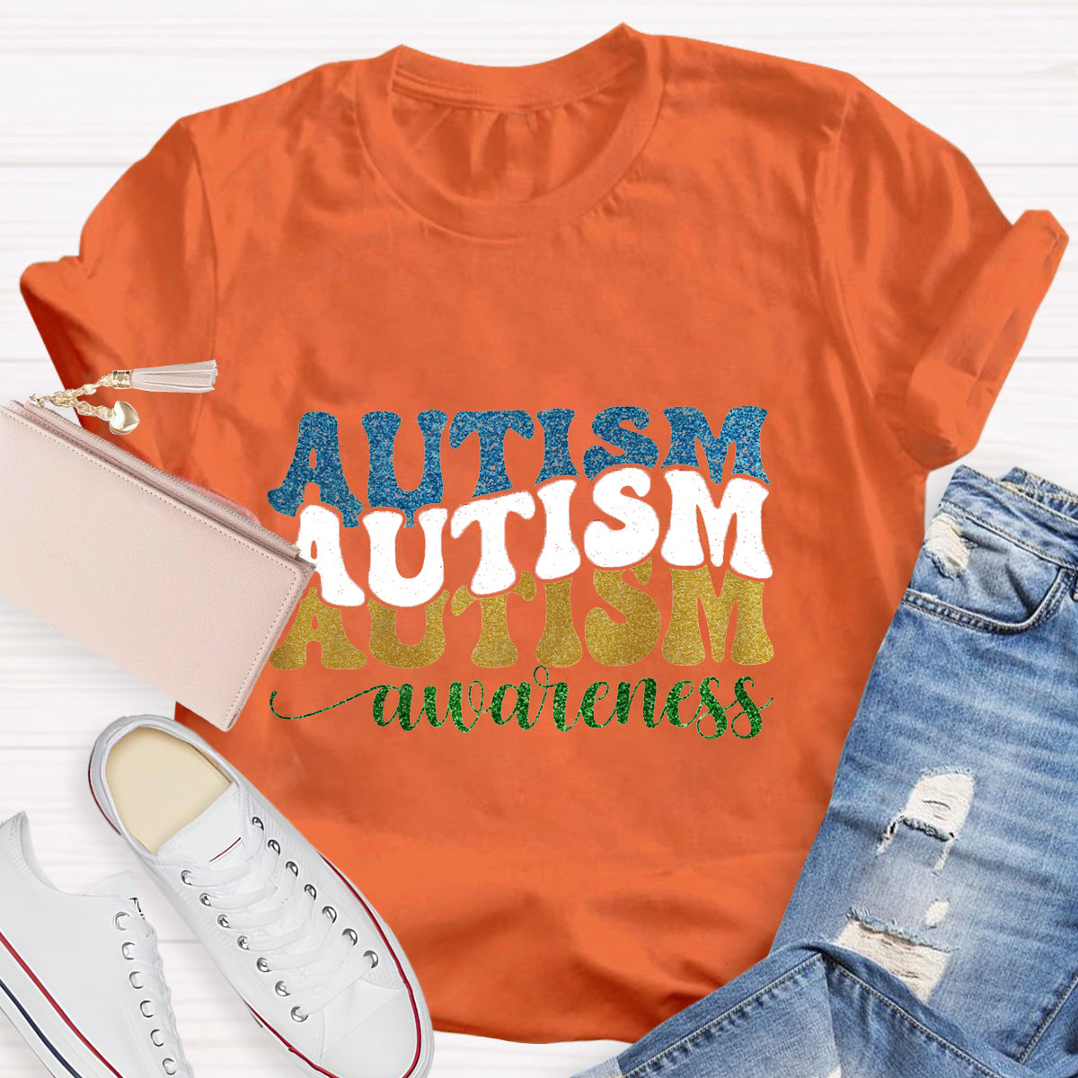 Rainbow Colors Glitter Autism Awareness T-Shirt