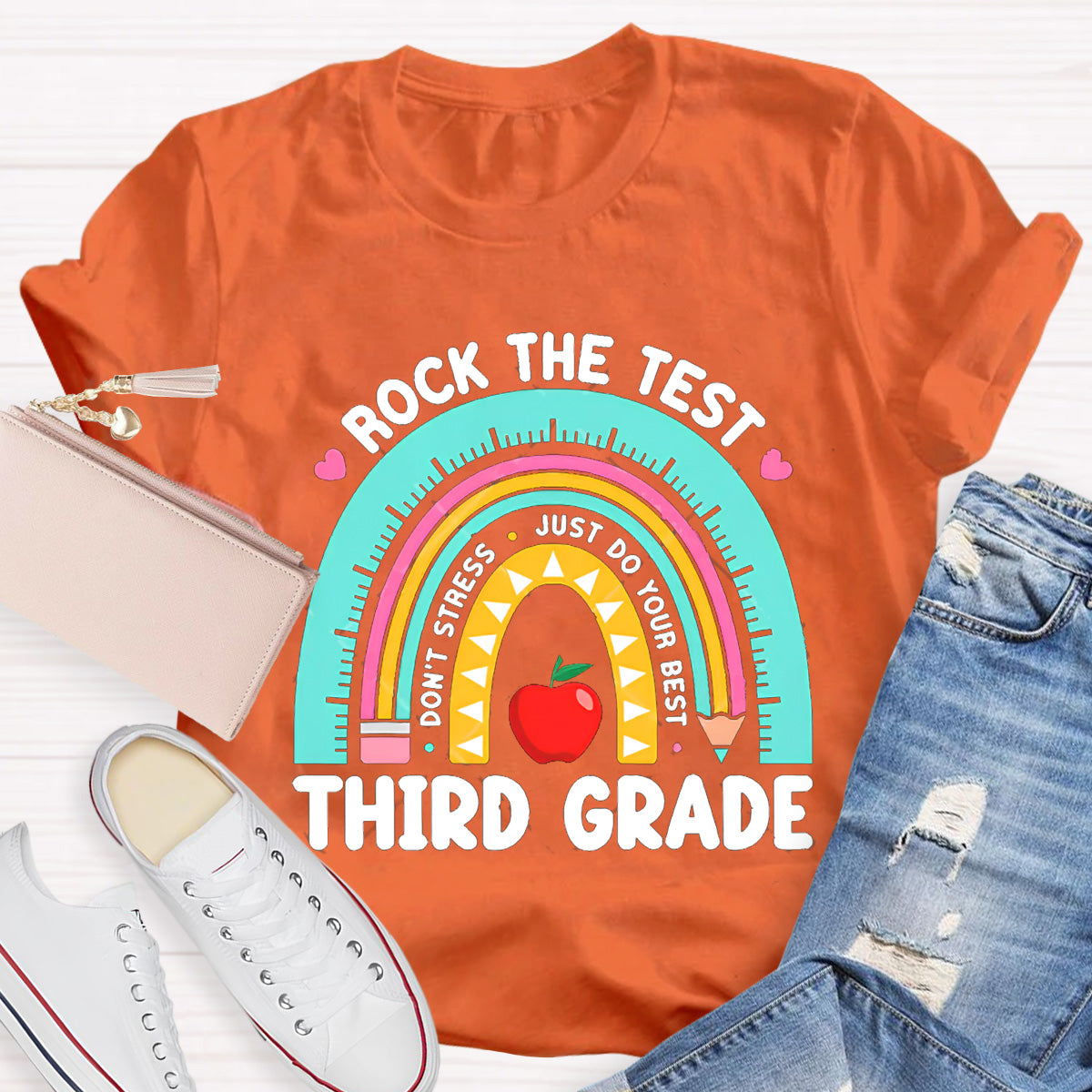 Personalize Grade Rock The Test Apple Teacher T-Shirt