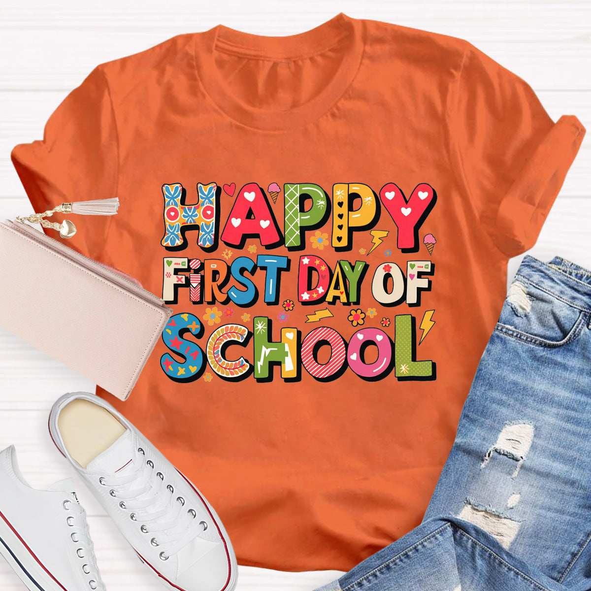 Happy First Day Of School Heart Printed Teacher T-Shirt