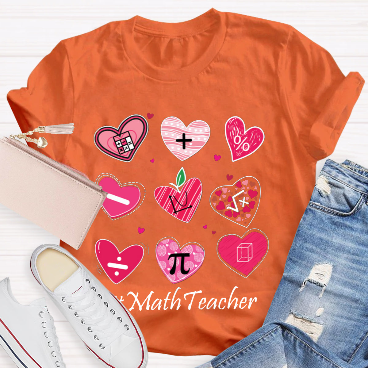 Pink Heart Math Symbols Teacher T-Shirt