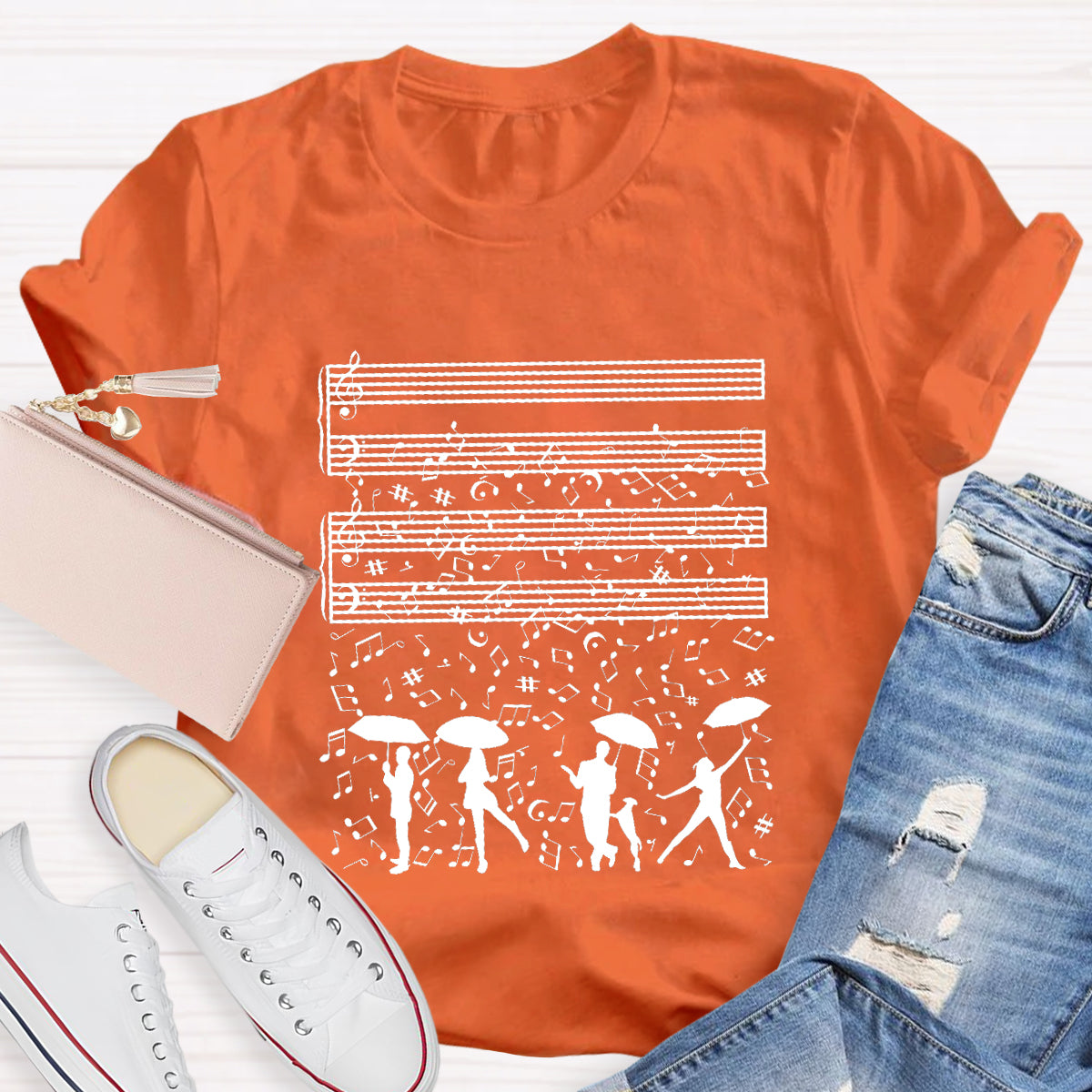Dancing On The Rainy Night Under The Musical Notes Teacher T-Shirt