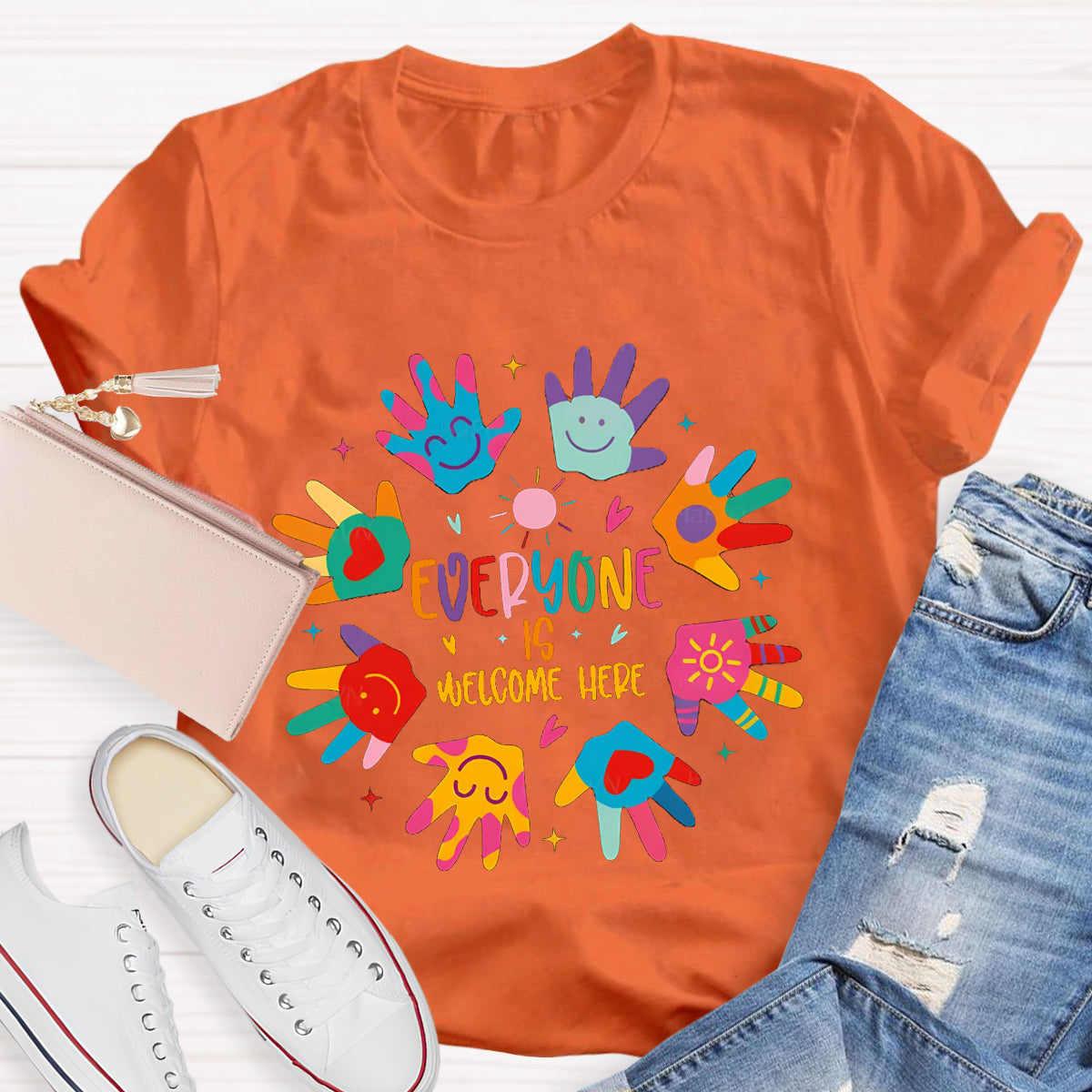 Everyone Is Welcome Here Colorful Hands Teacher T-Shirt