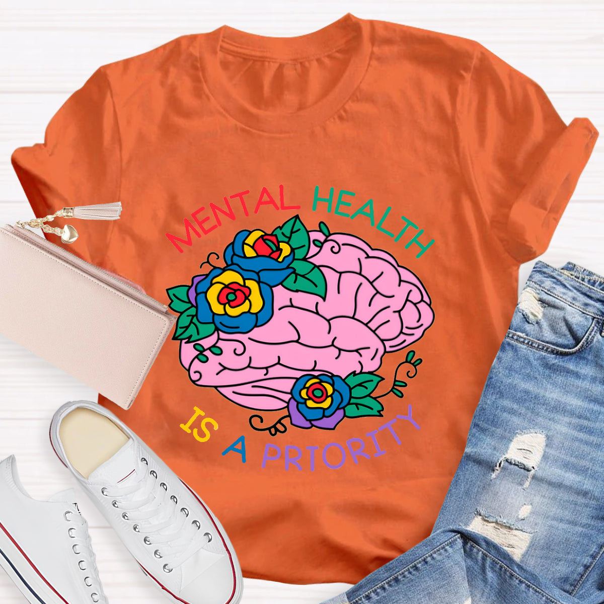 Mental Heath Is A Priority Floral Brain T-Shirt