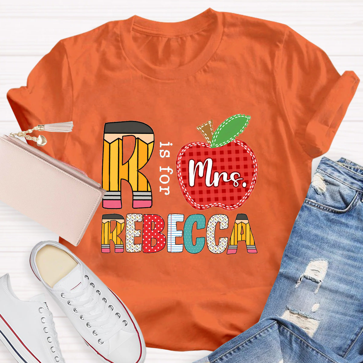 Personalized Name Red Apple R Is For Rebecca Teacher T-Shirt