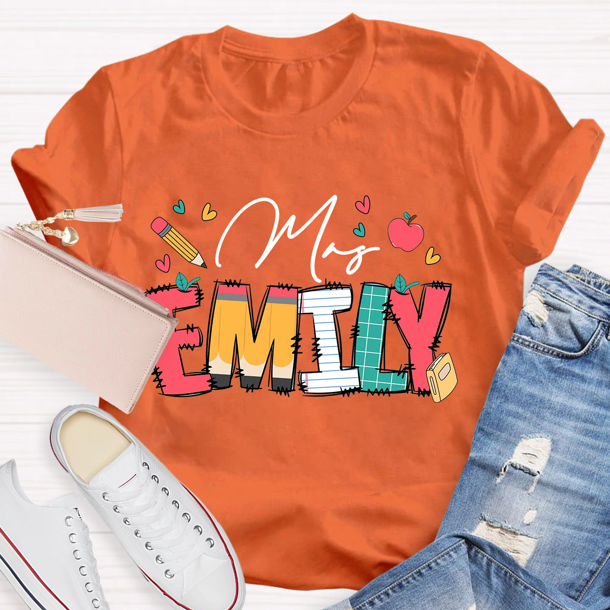 Personalize Name Apple Teacher T-Shirt