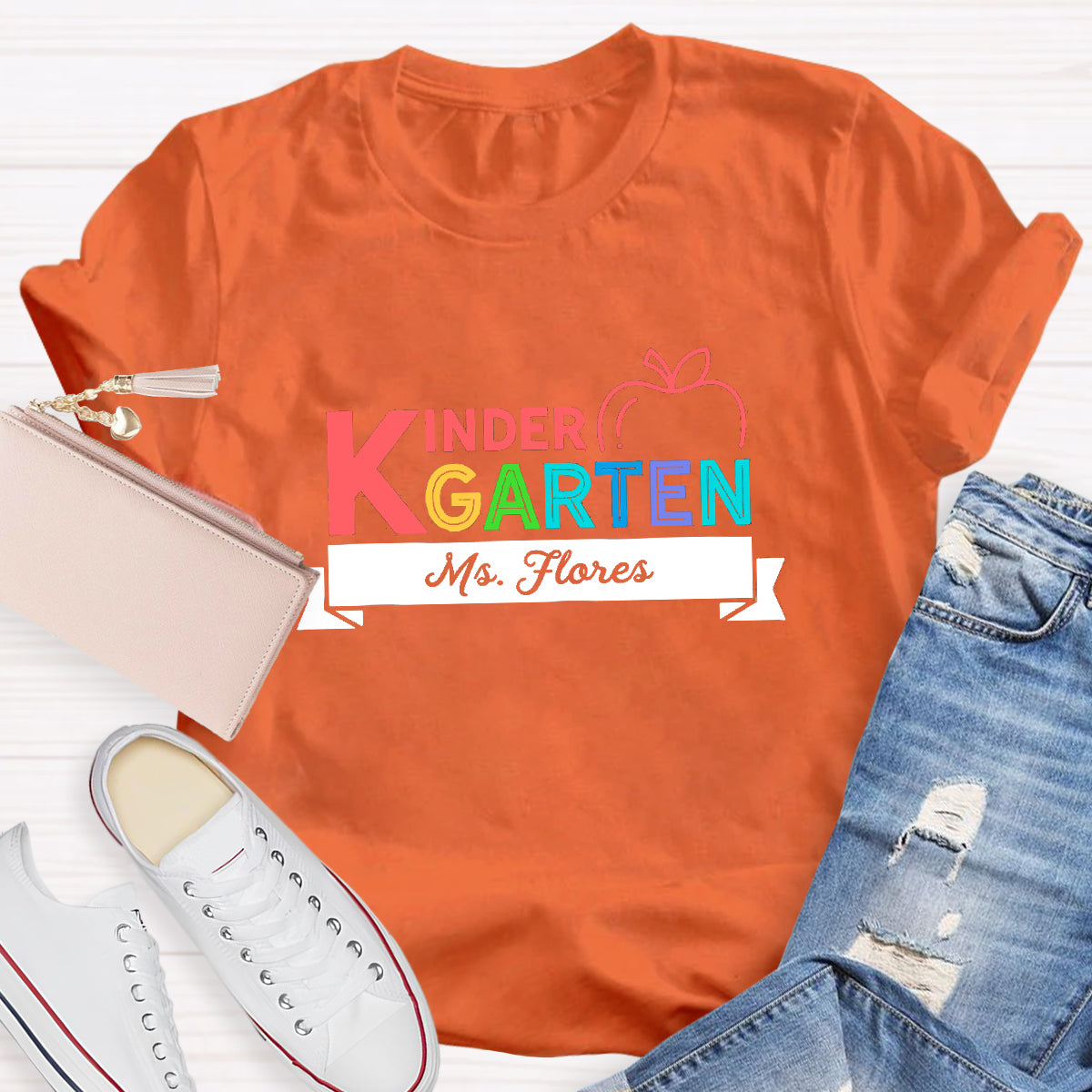 Personalized Kindergarten Teacher's Name  Apple Printed T-Shirt