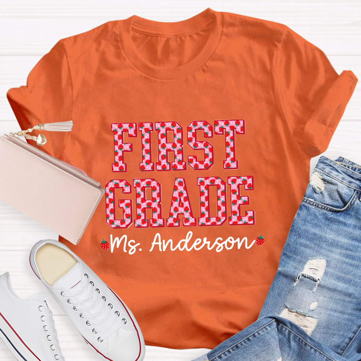 Personalized Grade And Name Strawberry Printed Teacher T-Shirt