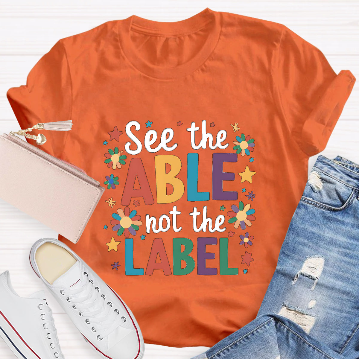 Floral See The Able Not the Label Teacher T-Shirt