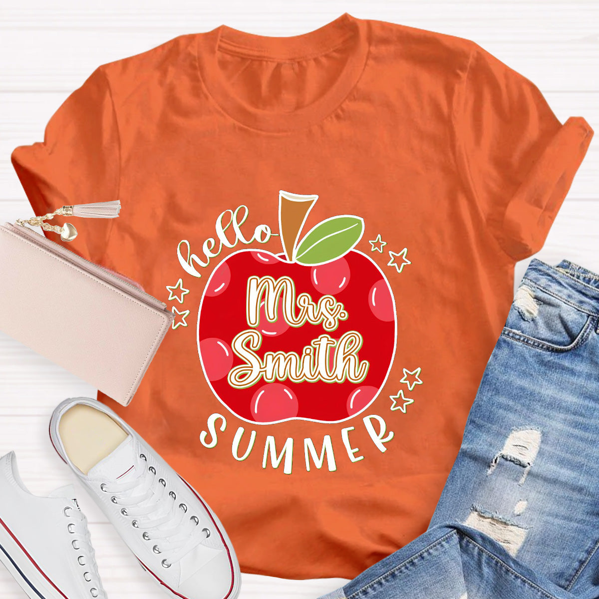 Personalized Name Apple Hello Summer Teacher T-Shirt