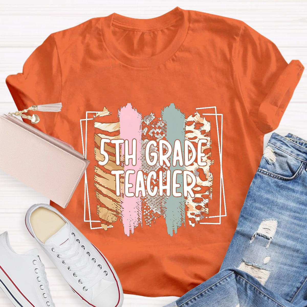 Personalized Grade Color Block 5th Grade Teacher T-Shirt
