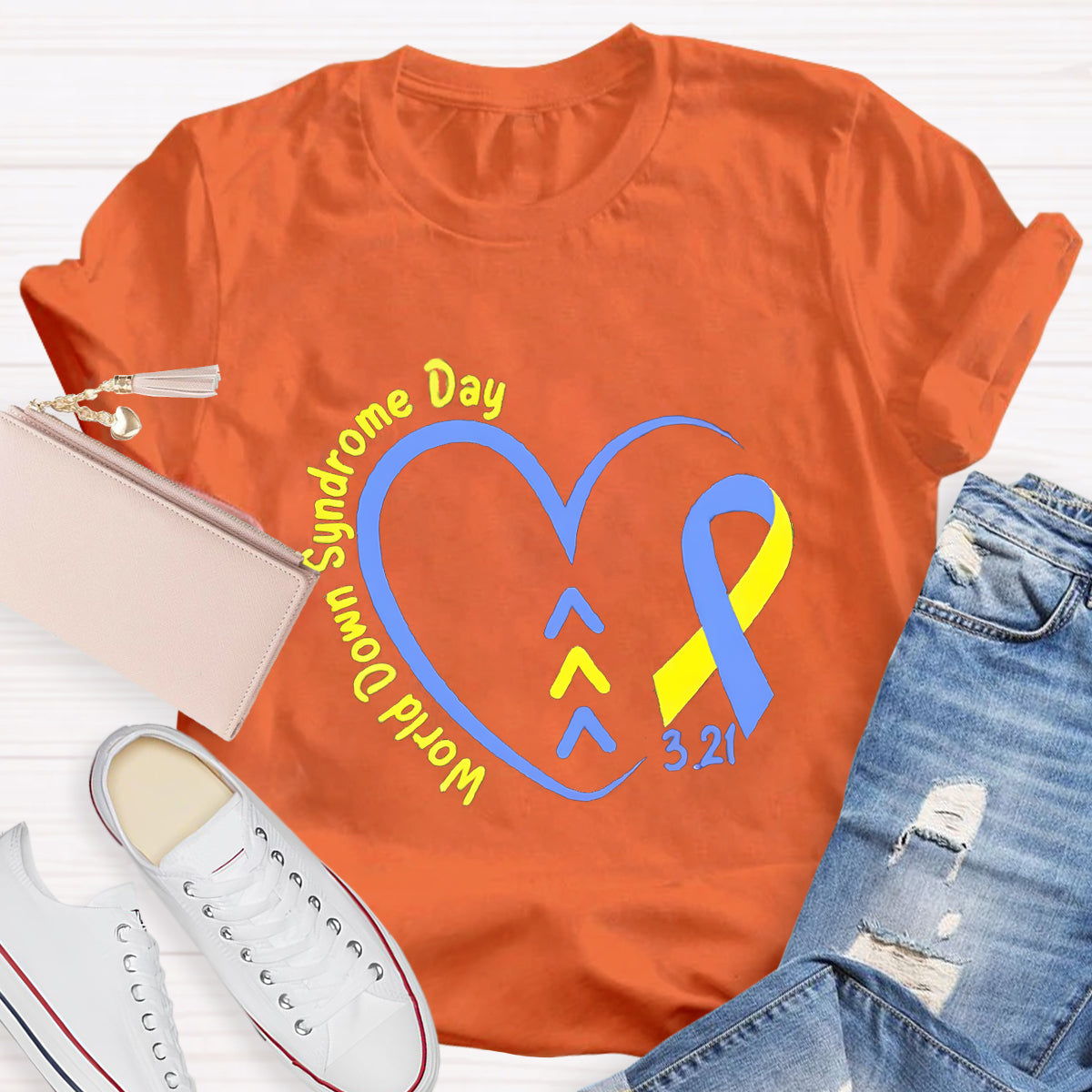 Down Syndrome Day Blue Heart Teacher T-Shirt