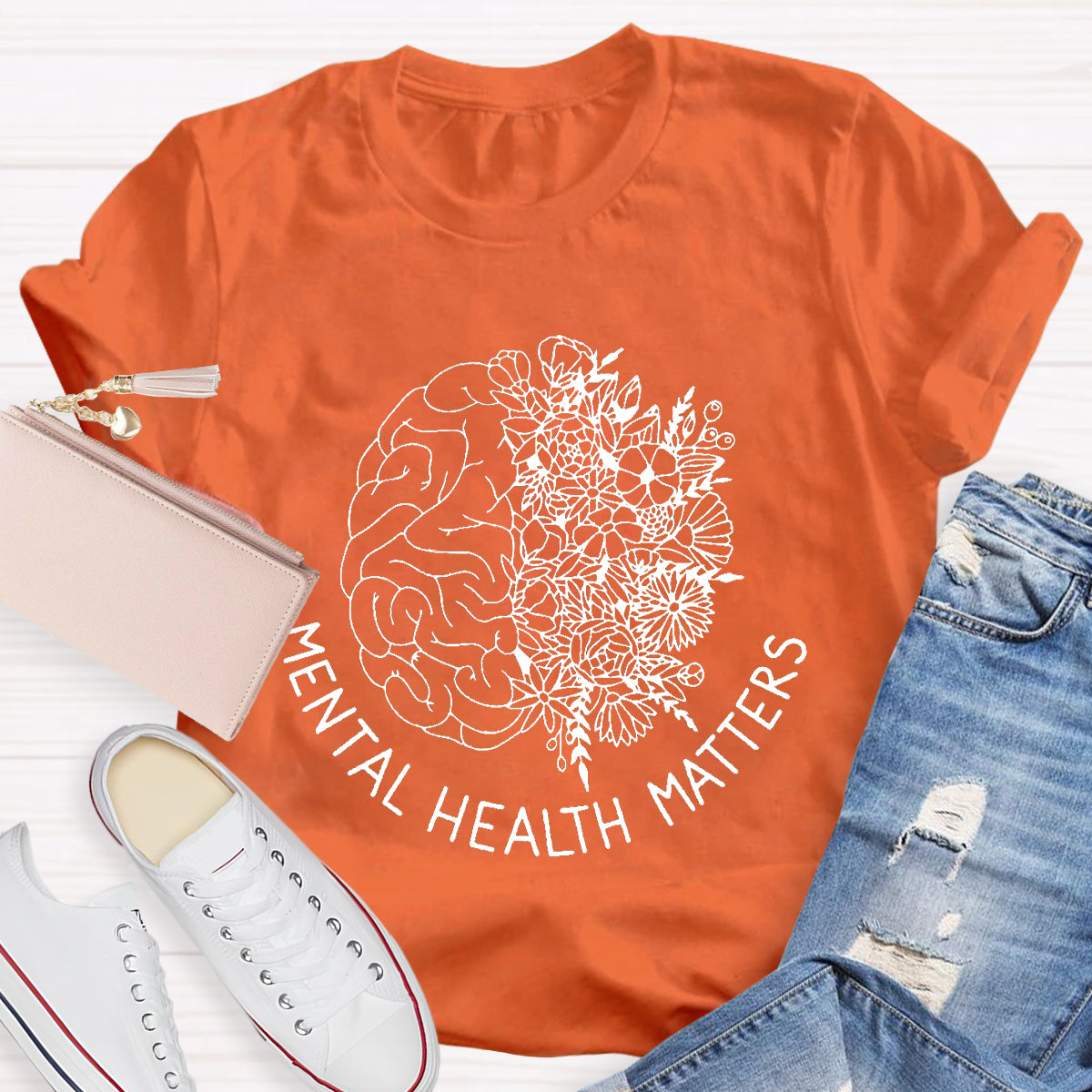 Floral Brain Mental Health Matters Teacher T-Shirt