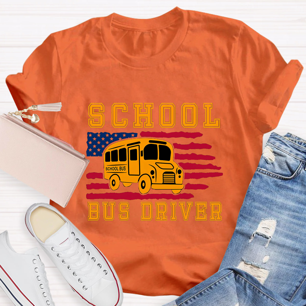 School Bus Driver US Flag T-Shirt