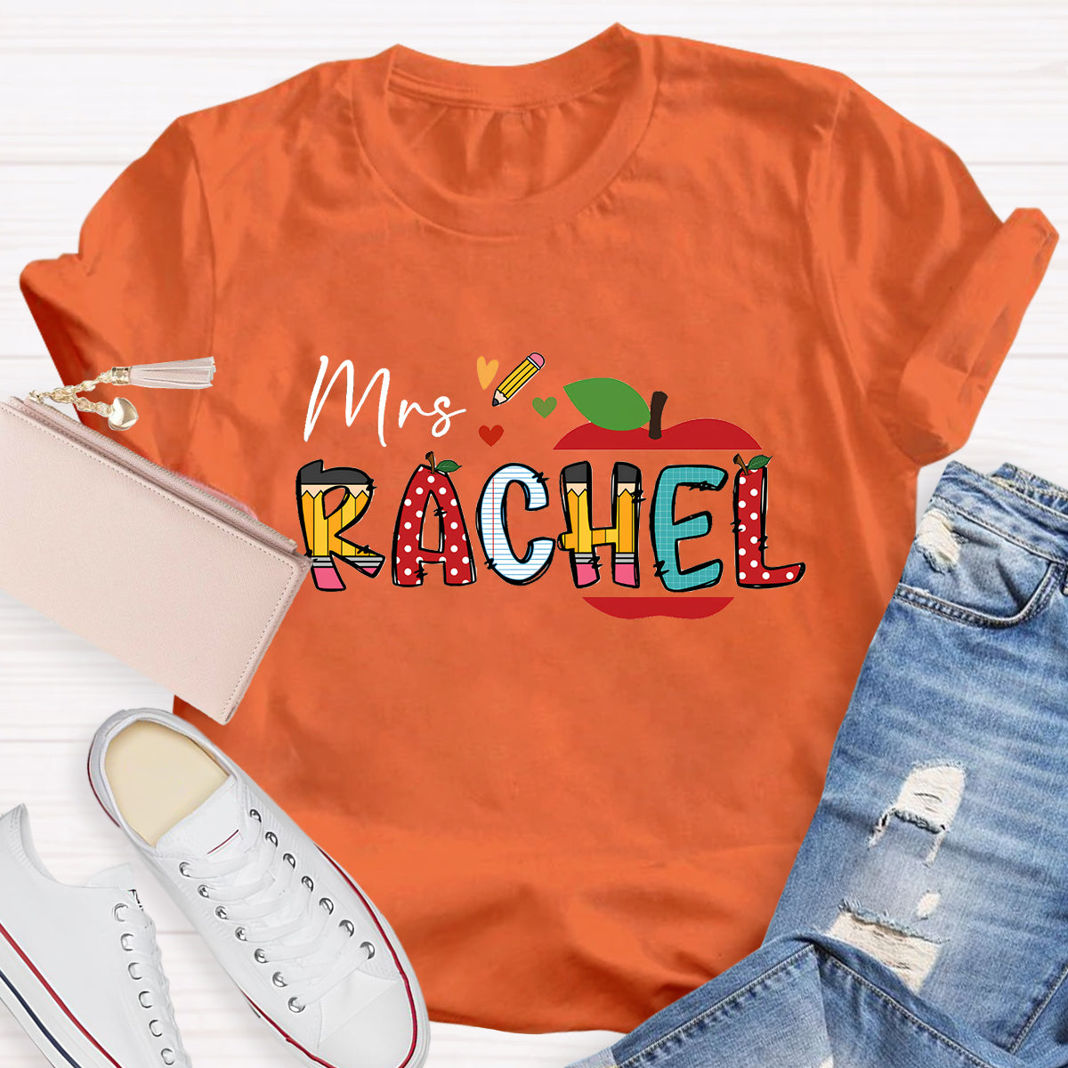 Personalized Teacher Name Apple Pencil Printed T-Shirt