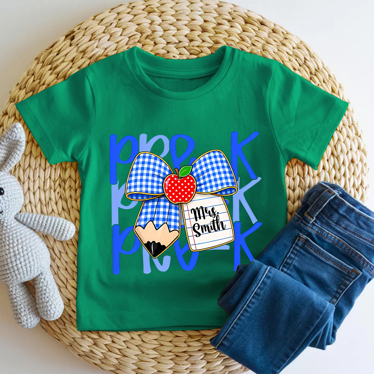 Personalized Name And Grade Pre-K Apple Bow Toddler T-shirts