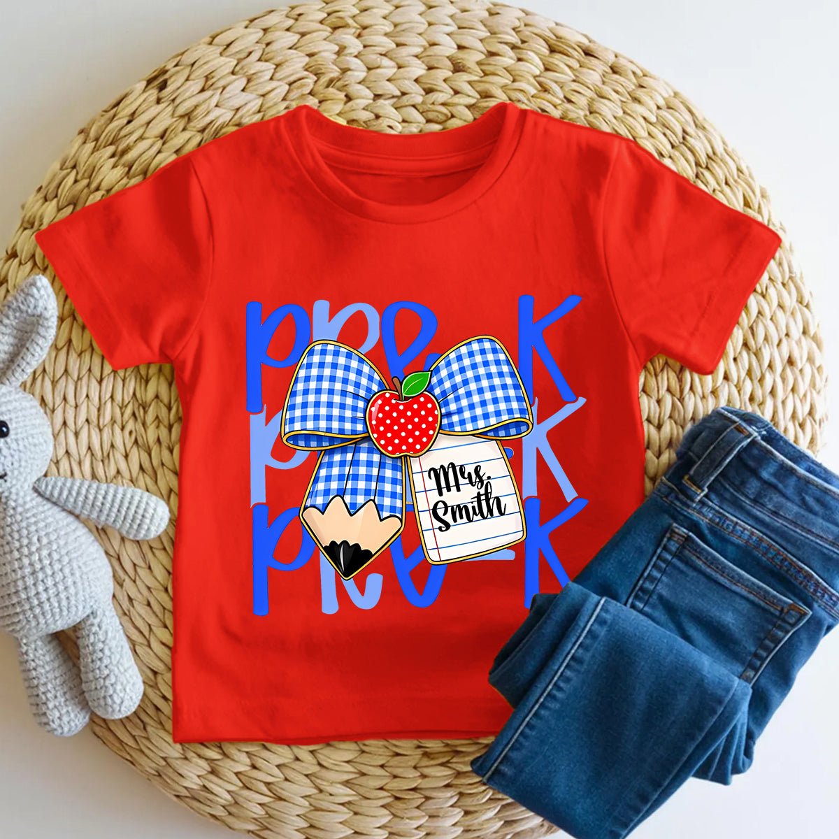 Personalized Name And Grade Pre-K Apple Bow Toddler T-shirts