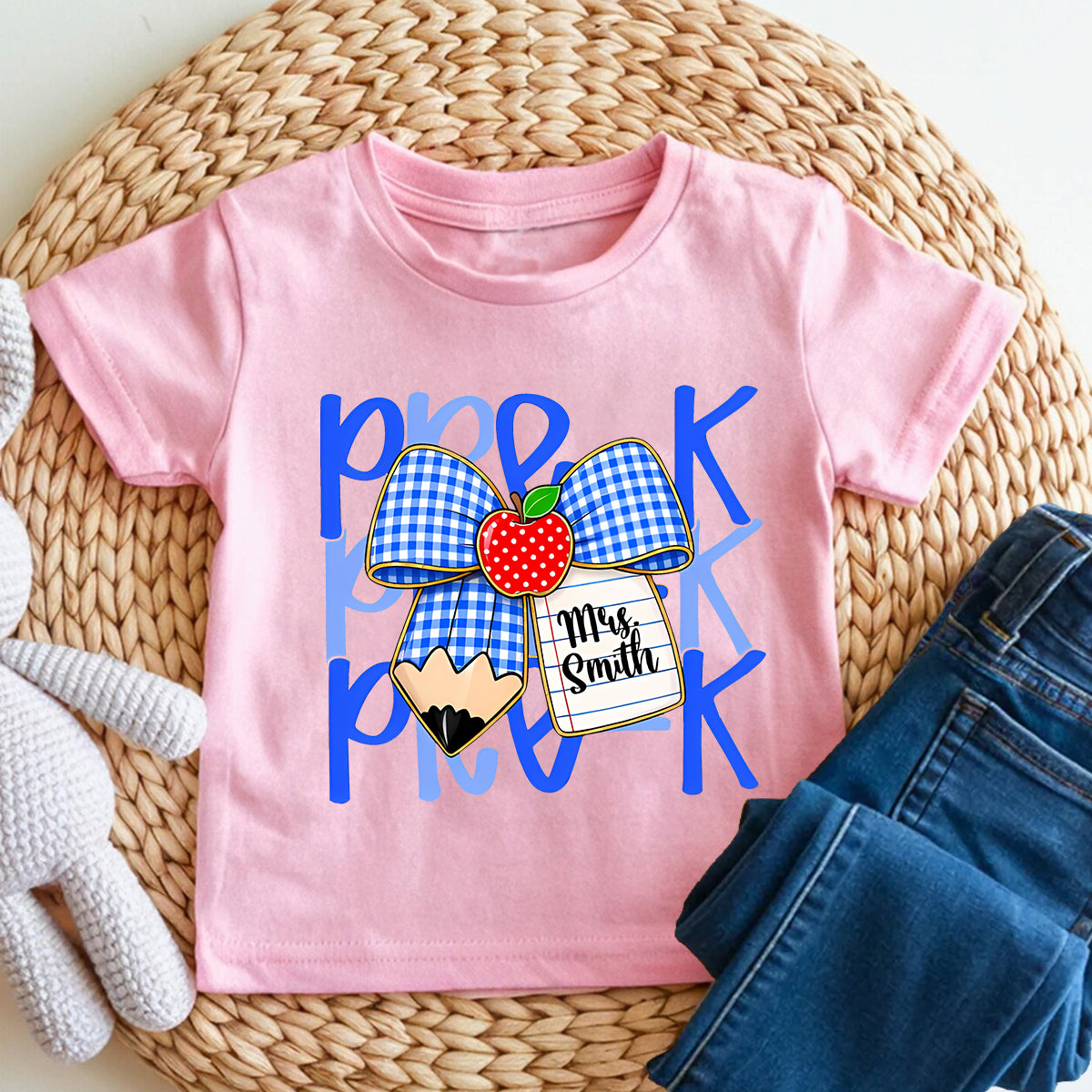 Personalized Name And Grade Pre-K Apple Bow Toddler T-shirts