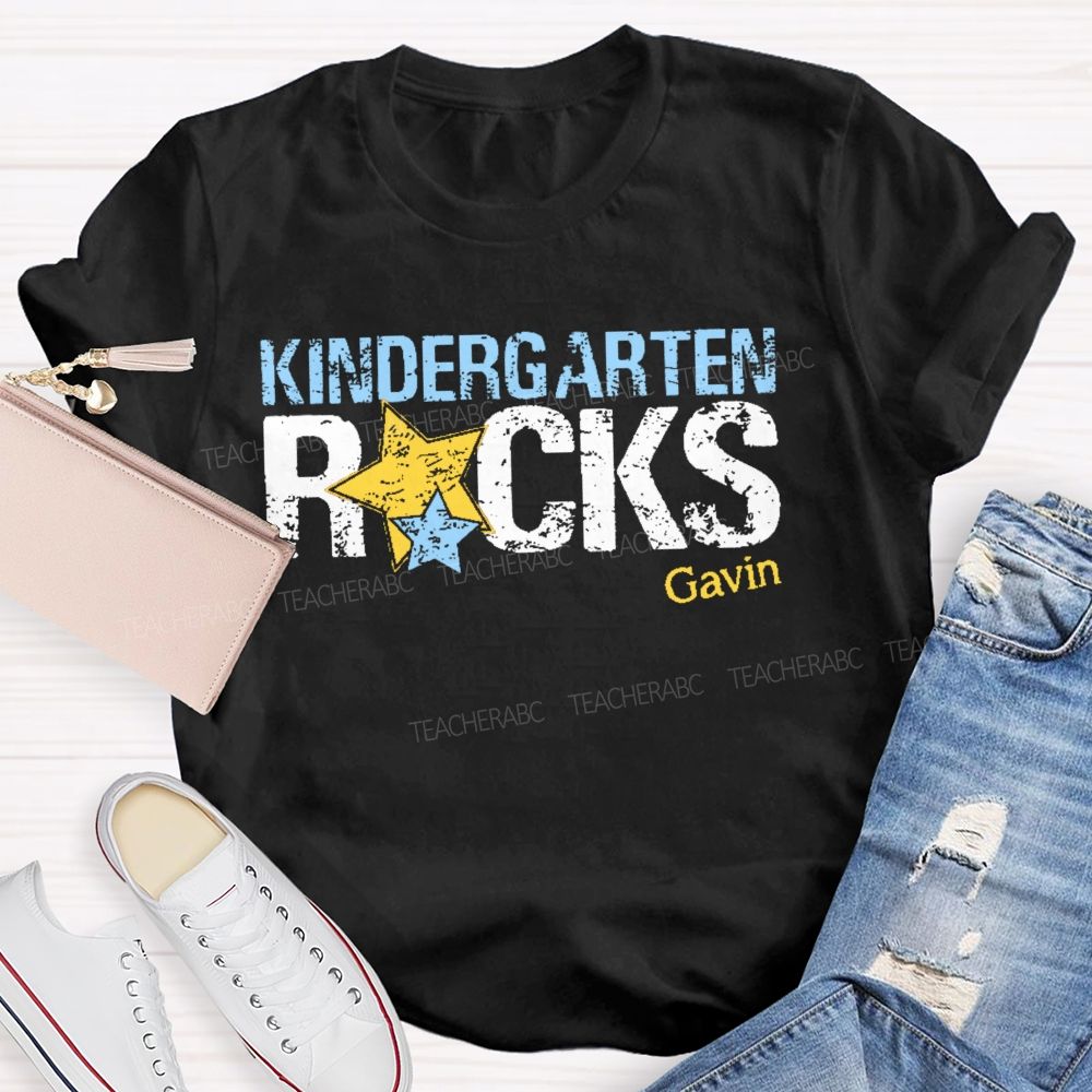 Personalized Name  And  Grade Kindergarten Rocks  Teacher T-shirt