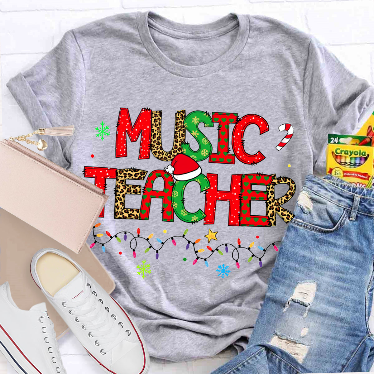 Music Teacher Christmas Lights And Colorful Fonts Christmas T-shirt