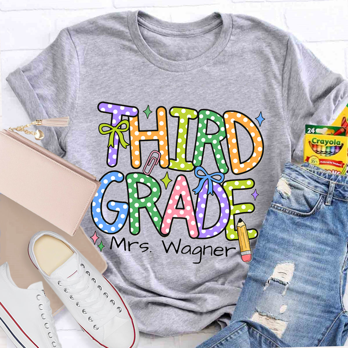 Personalized Name And Grade Colorful Polka Dot Letter Print T-shirt