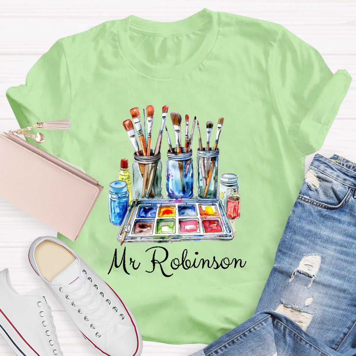 Personalized Name Painter Brush Art Teacher T-Shirt