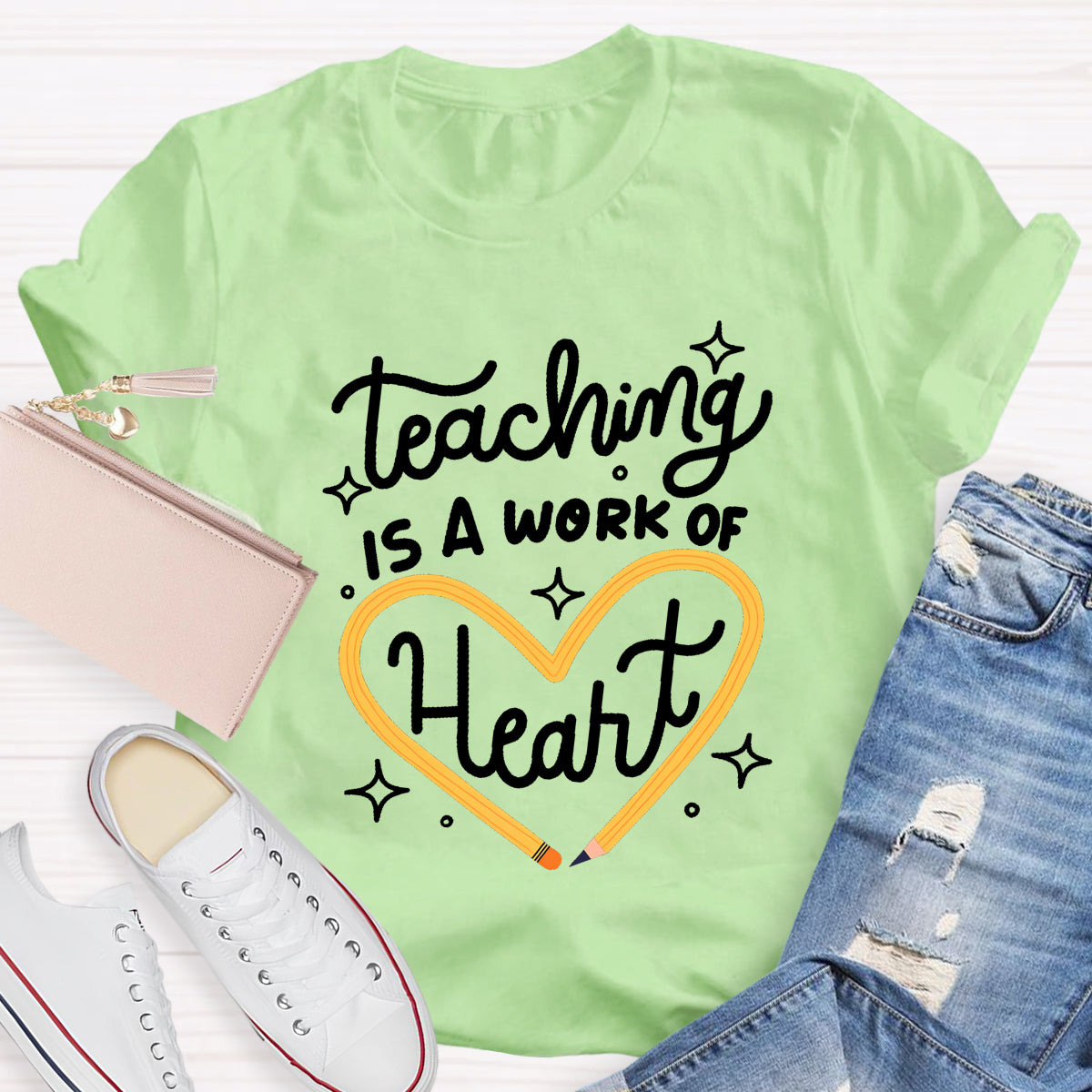 Teaching Is A Work Of Heart Pencil Heart T-Shirt