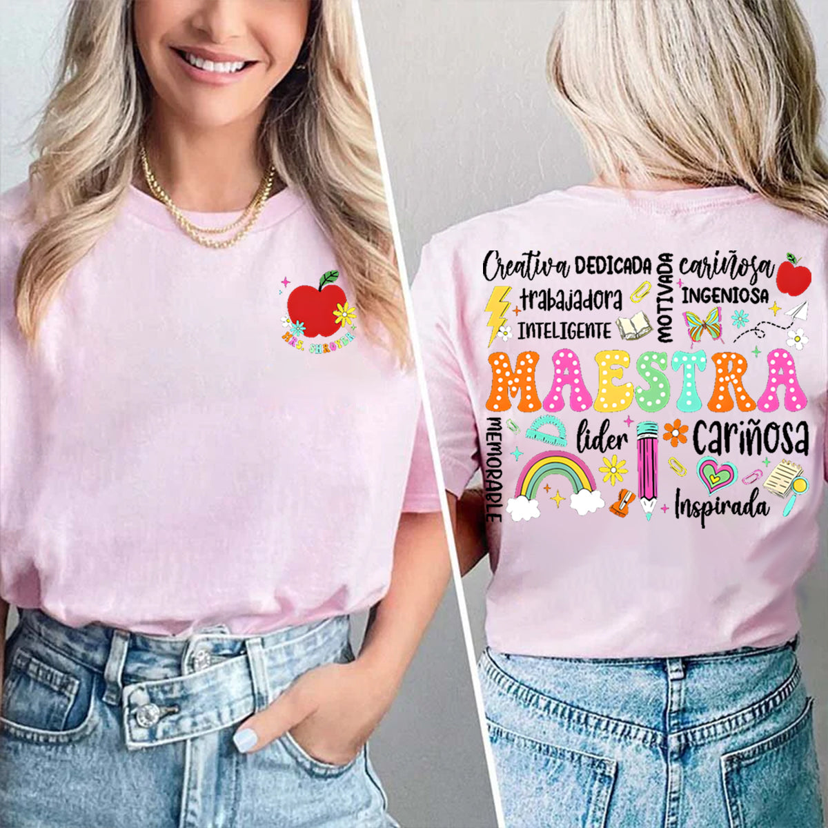 Personalized Name Book And Apple Double Printed T-shirt