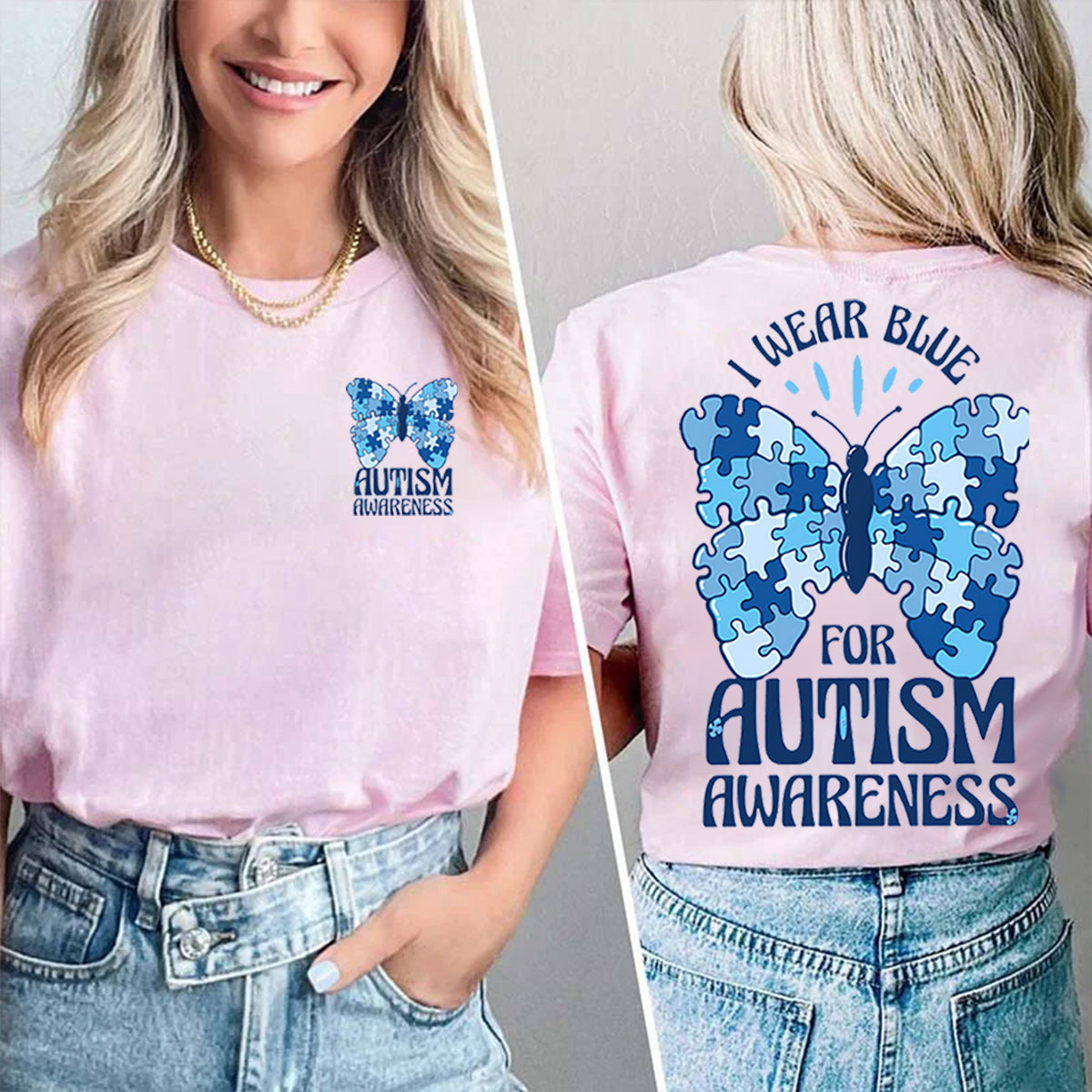 I Wear Blue For Autism Awareness Double Printed T-shirt