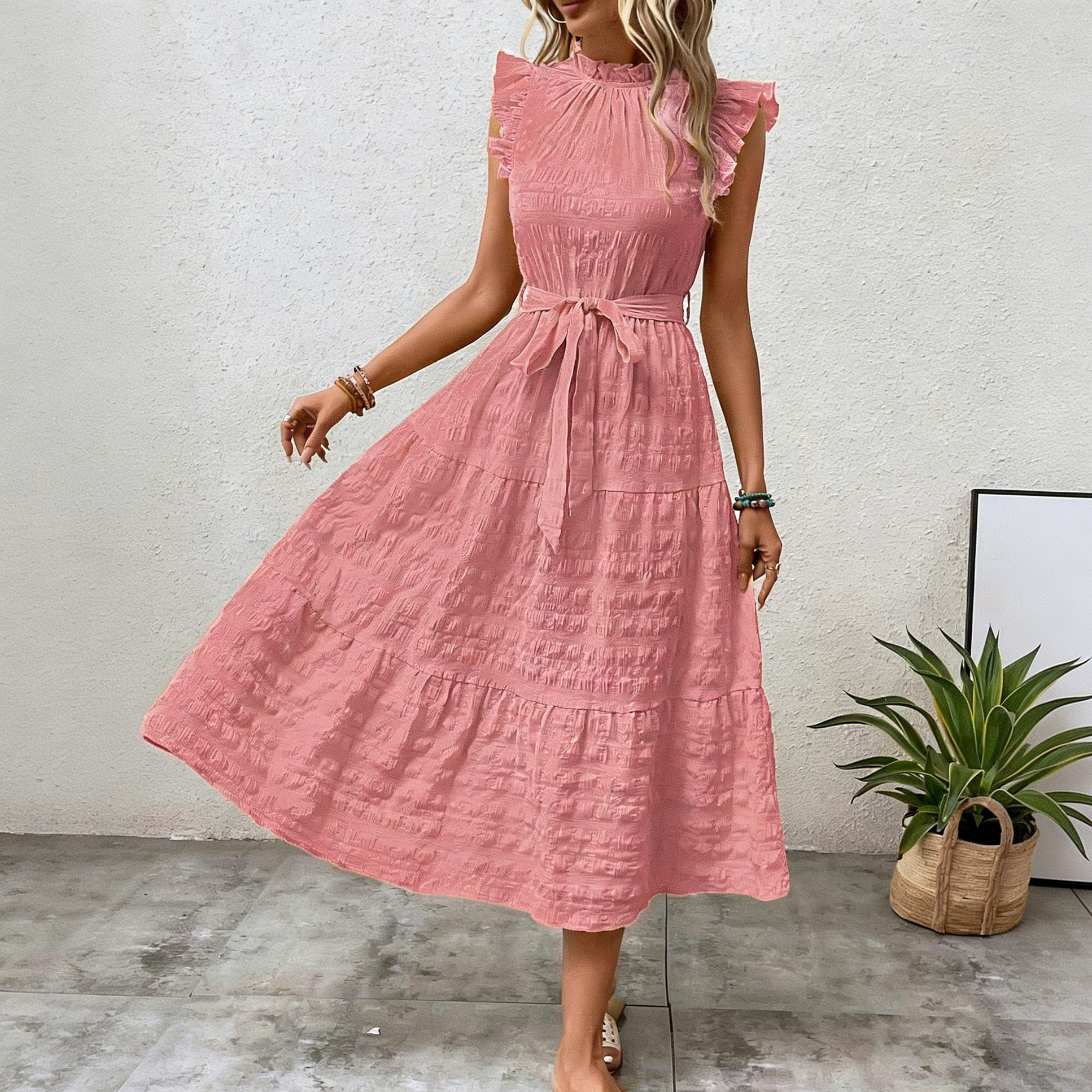 Ruffled Trim  Flutter Sleeves  Tie-Up Textured Dress