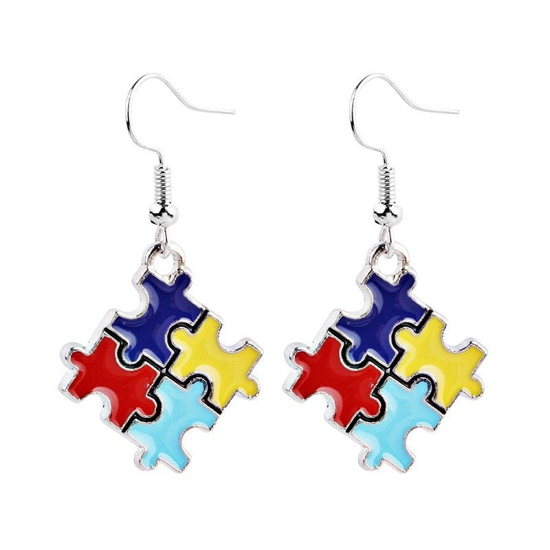 Four Color Puzzle Square Teacher Metal Earrings