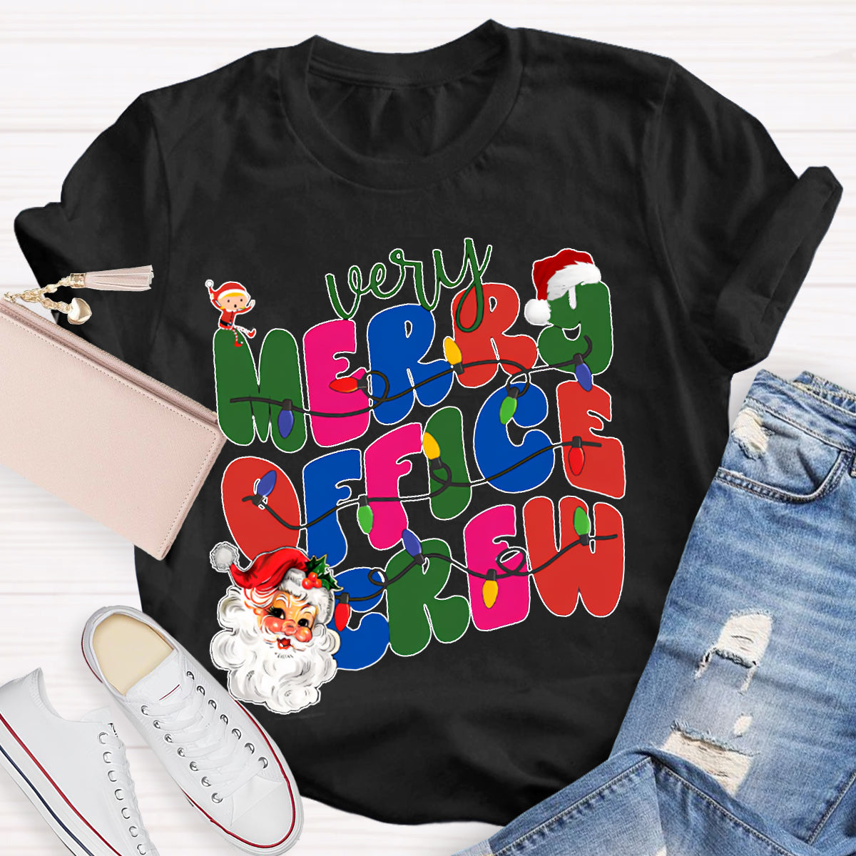 Very Merry Office Crew Santa Claus And Colorful Fonts T-shirt