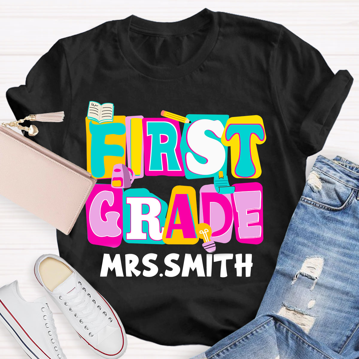 Personalized Grade And Name Colorful Letter Squad Pencil Teacher T-shirt