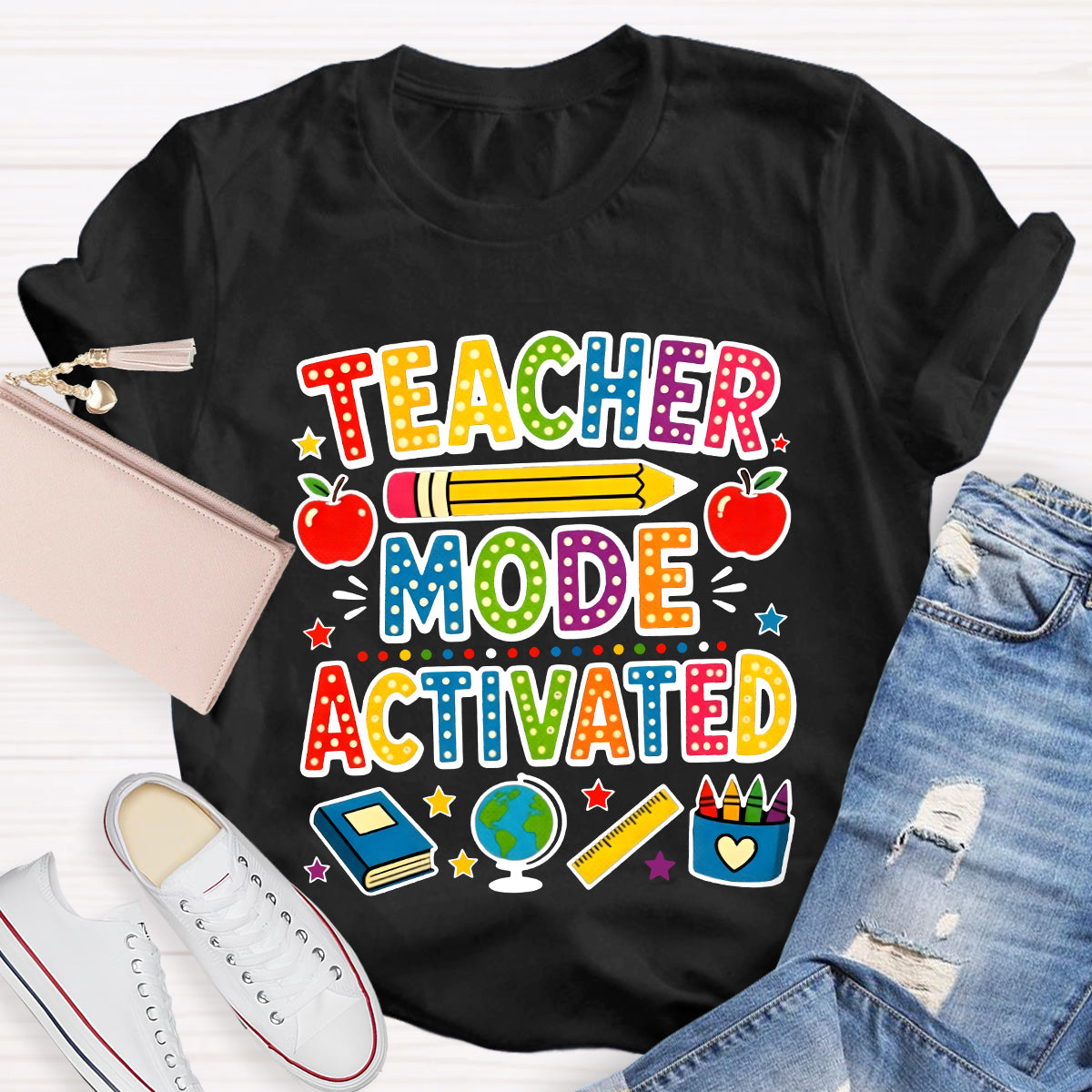 Teacher Mode Activated Polka Dot School Supplies Teacher T-shirt