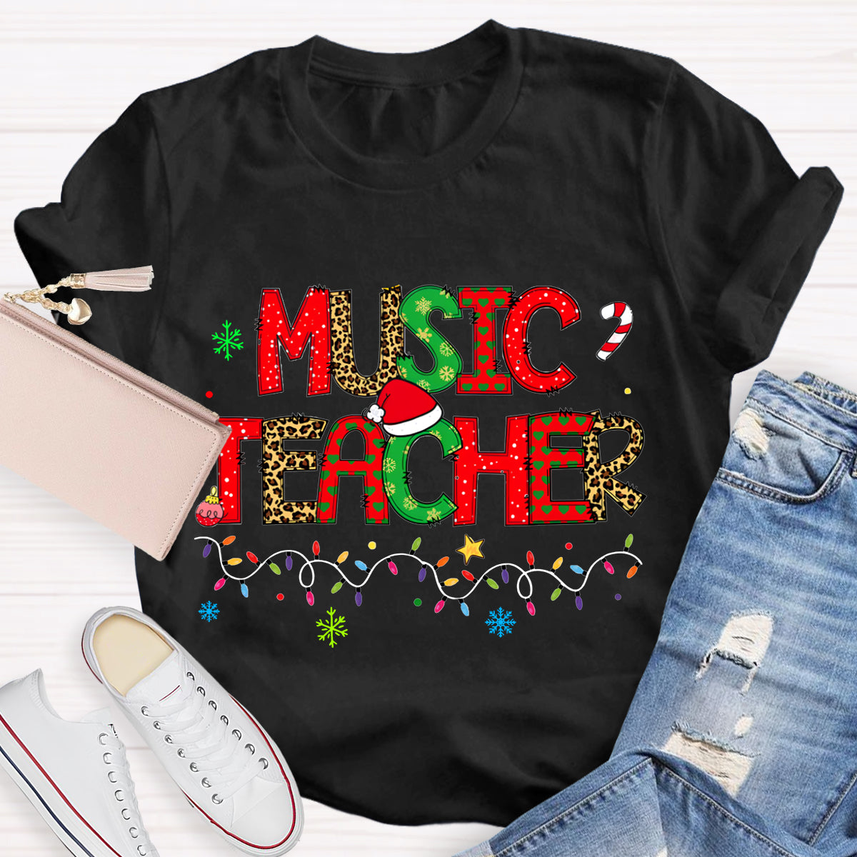 Music Teacher Christmas Lights And Colorful Fonts Christmas T-shirt