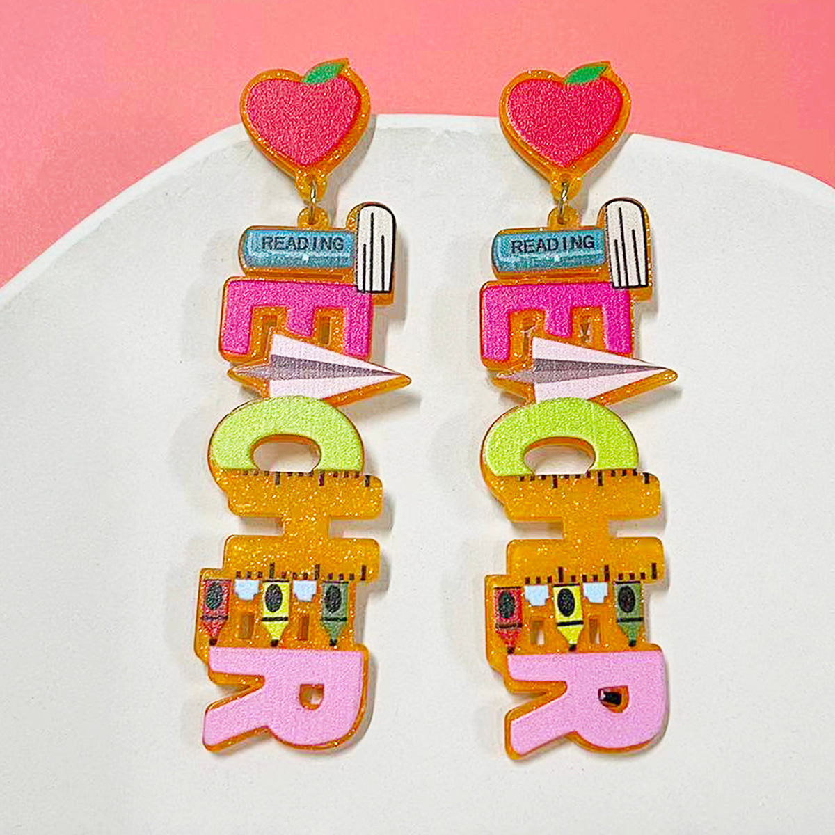 Heart Heart Letter TEACHER Acrylic Earrings