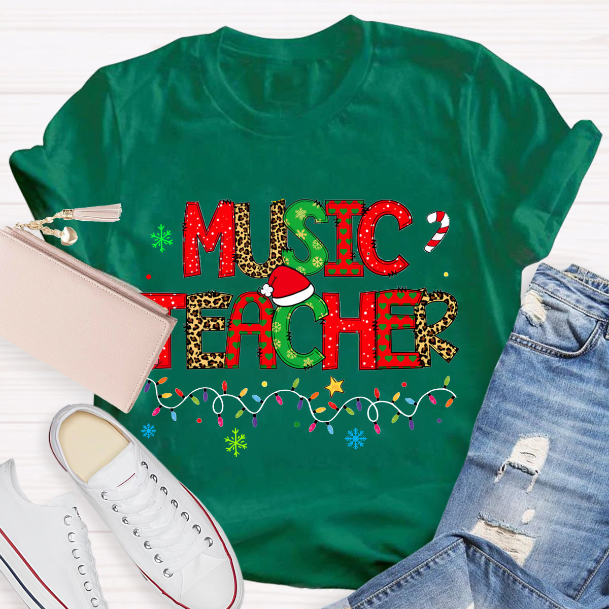 Music Teacher Christmas Lights And Colorful Fonts Christmas T-shirt