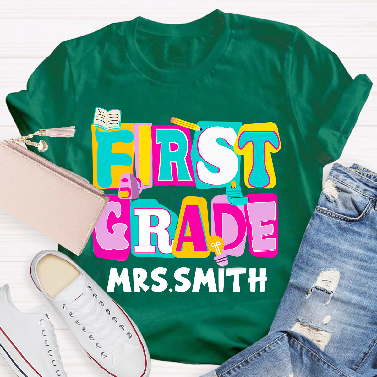 Personalized Grade And Name Colorful Letter Squad Pencil Teacher T-shirt