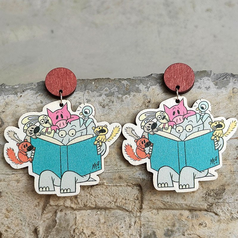 Cute Elephant Decimal Painting Reading Wooden Earrings