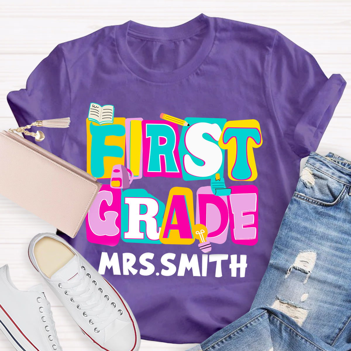 Personalized Grade And Name Colorful Letter Squad Pencil Teacher T-shirt