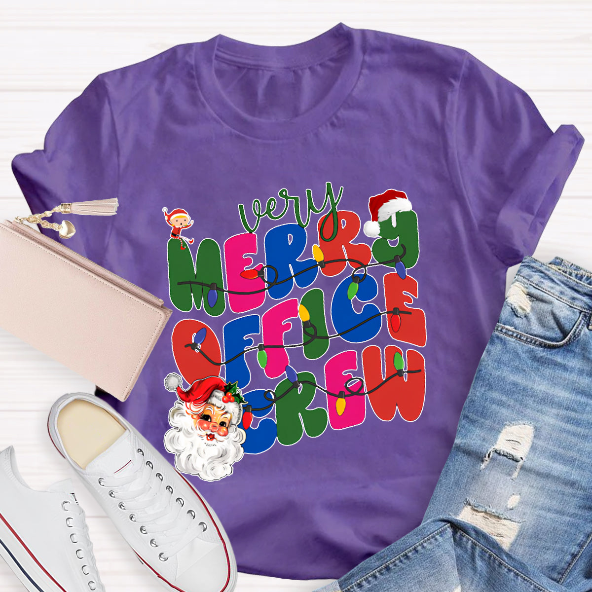 Very Merry Office Crew Santa Claus And Colorful Fonts T-shirt