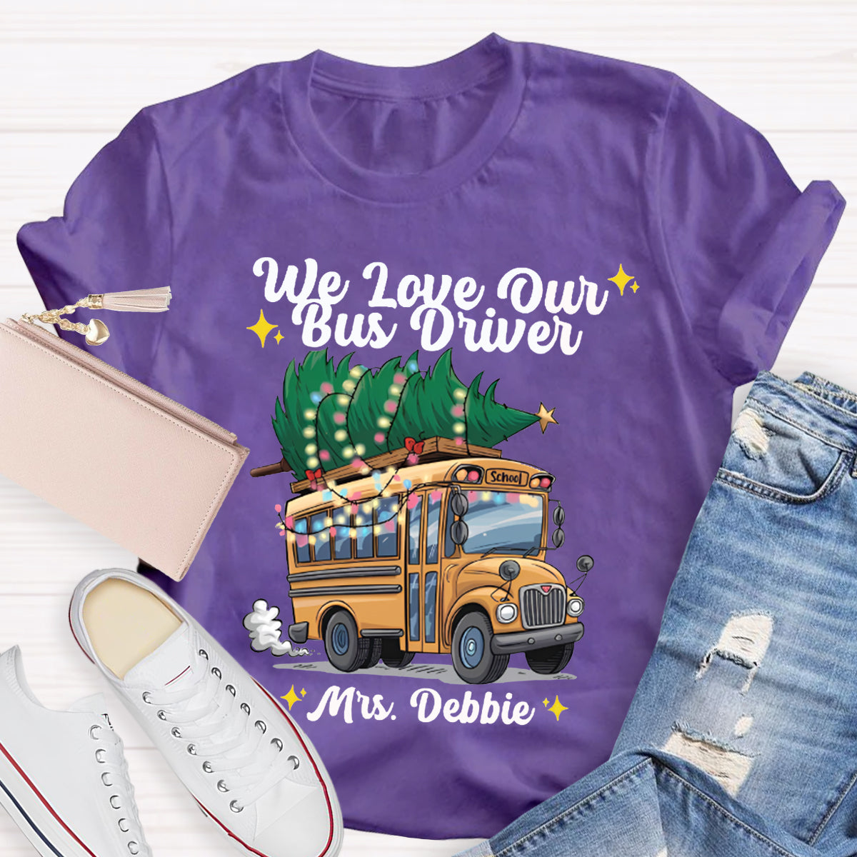 Personalized Name We Love Our School Bus And Christmas Tree T-shirt