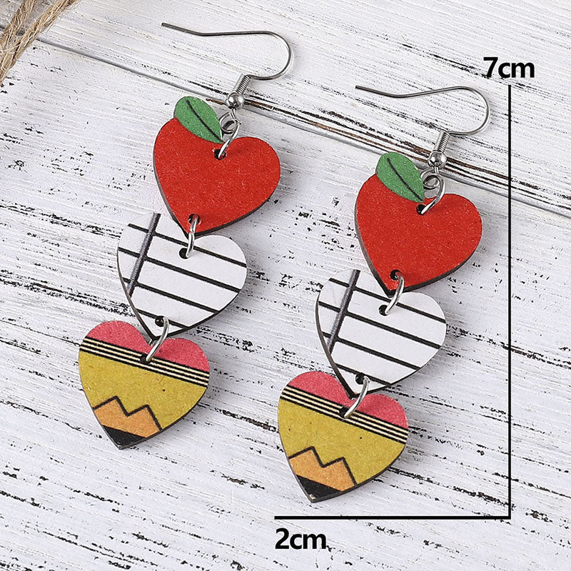 Teacher'S Day Apple Book Pencil Heart Tassel Earrings
