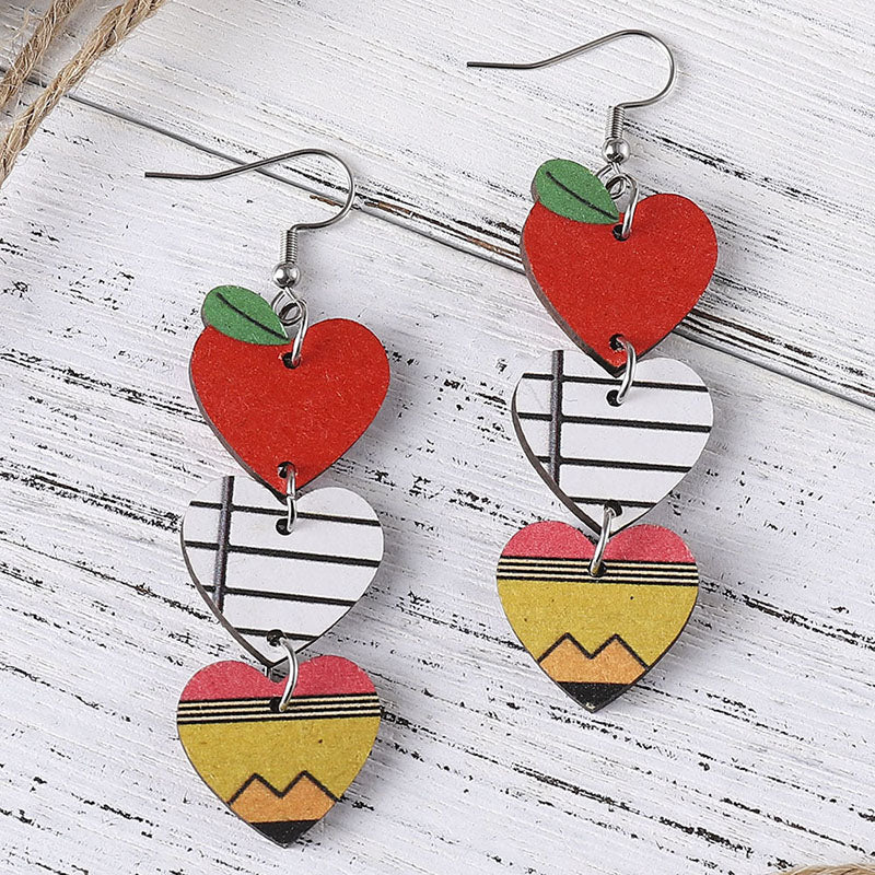 Teacher'S Day Apple Book Pencil Heart Tassel Earrings