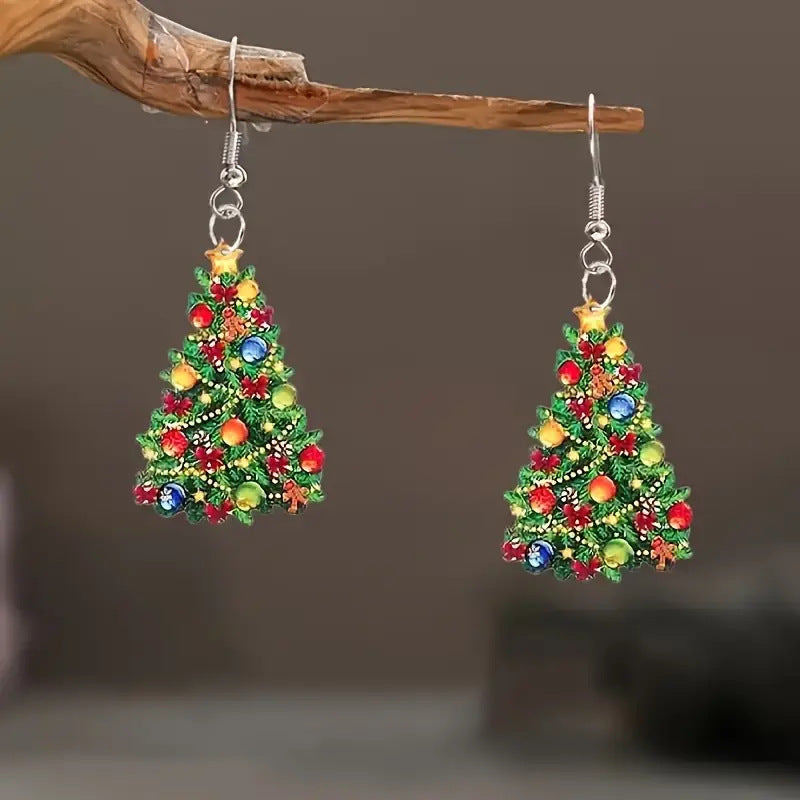Colorful Flat Christmas Tree Acrylic Drop Earrings